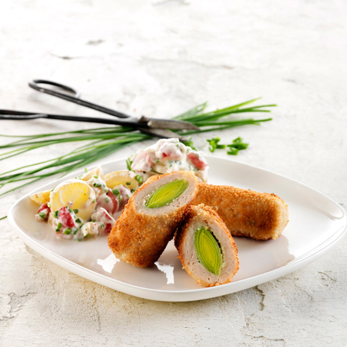 Kyllingefars - Farcerede porrer med kartoffelsalat